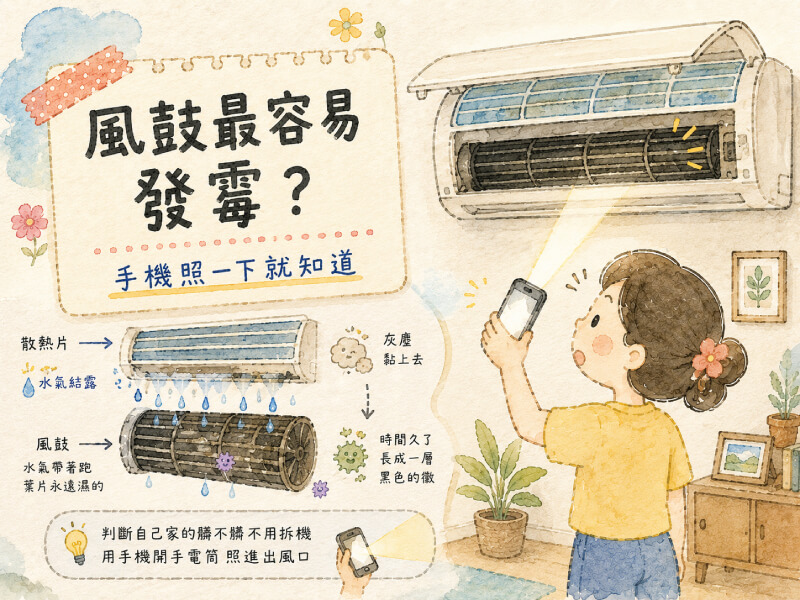 手機手電筒照進出風口，冷氣風鼓葉片縫裡的黑點