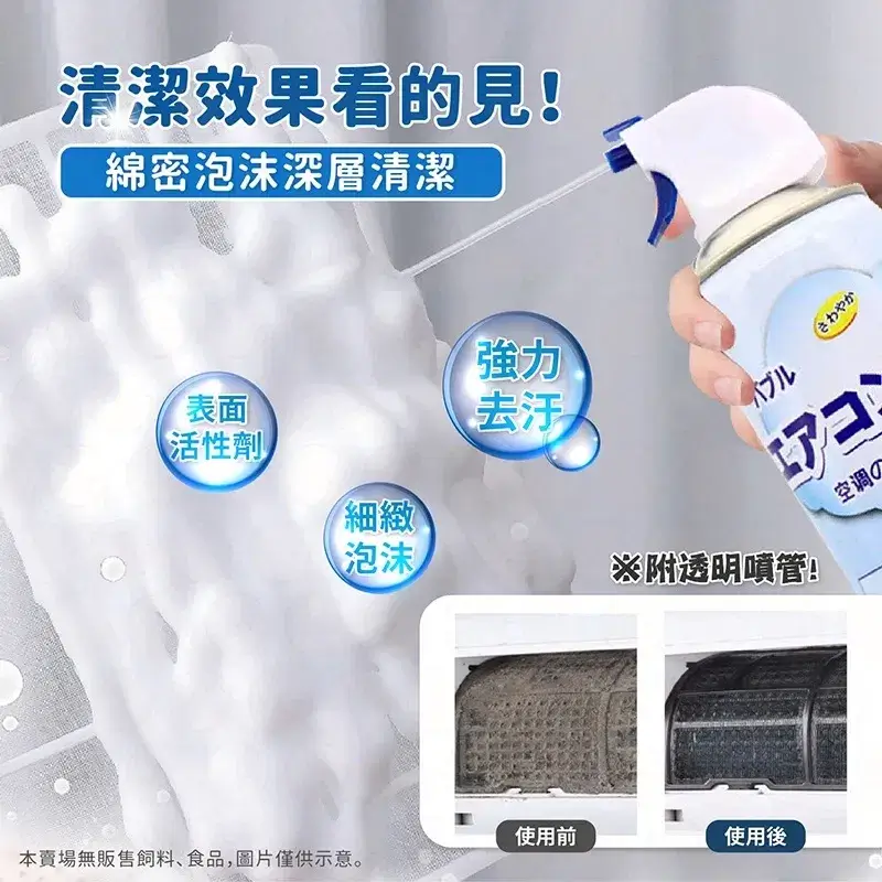 alt：免水洗冷氣清潔劑500ml，附透明噴管，綿密泡沫噴在冷氣散熱片上