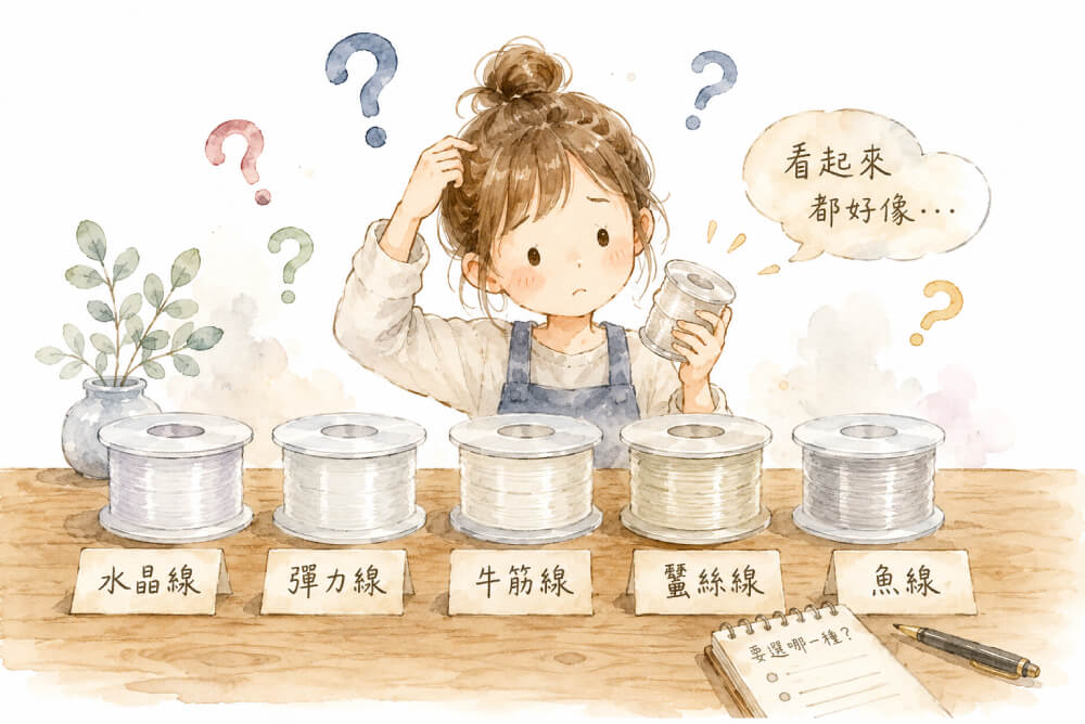 水晶線、彈力線、牛筋線、蠶絲線、魚線五捲線並排,名牌標示種類、串珠線推薦