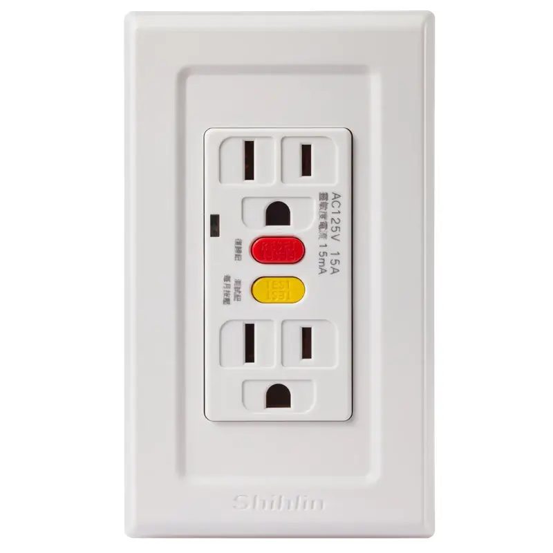 士林電機NV-BWT2S埋入式漏電保護插座,白色蓋板,雙插座附接地與紅黃兩個按鈕