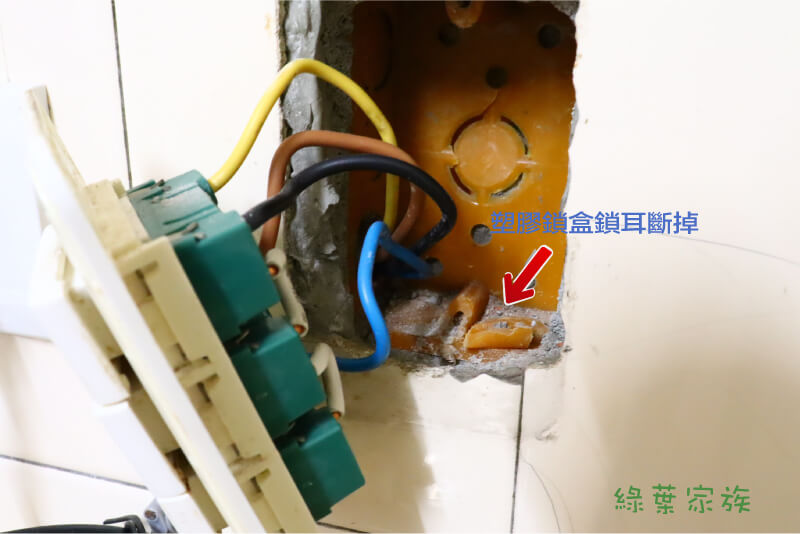 牆壁插座鎖為什麼會掉出來? 早期房子都使用塑膠鎖盒，兩側螺絲孔用久後容易裂開，螺絲就會鎖不緊。