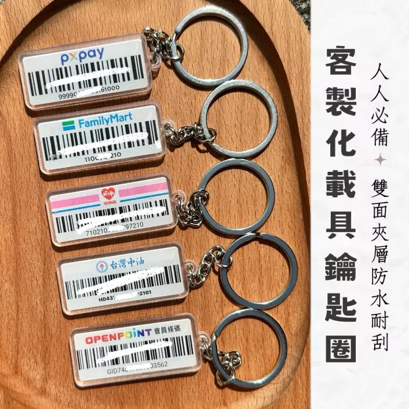 五個客製化載具鑰匙圈排開,牌面分別印著全聯、全家、中油、OPENPOINT會員條碼