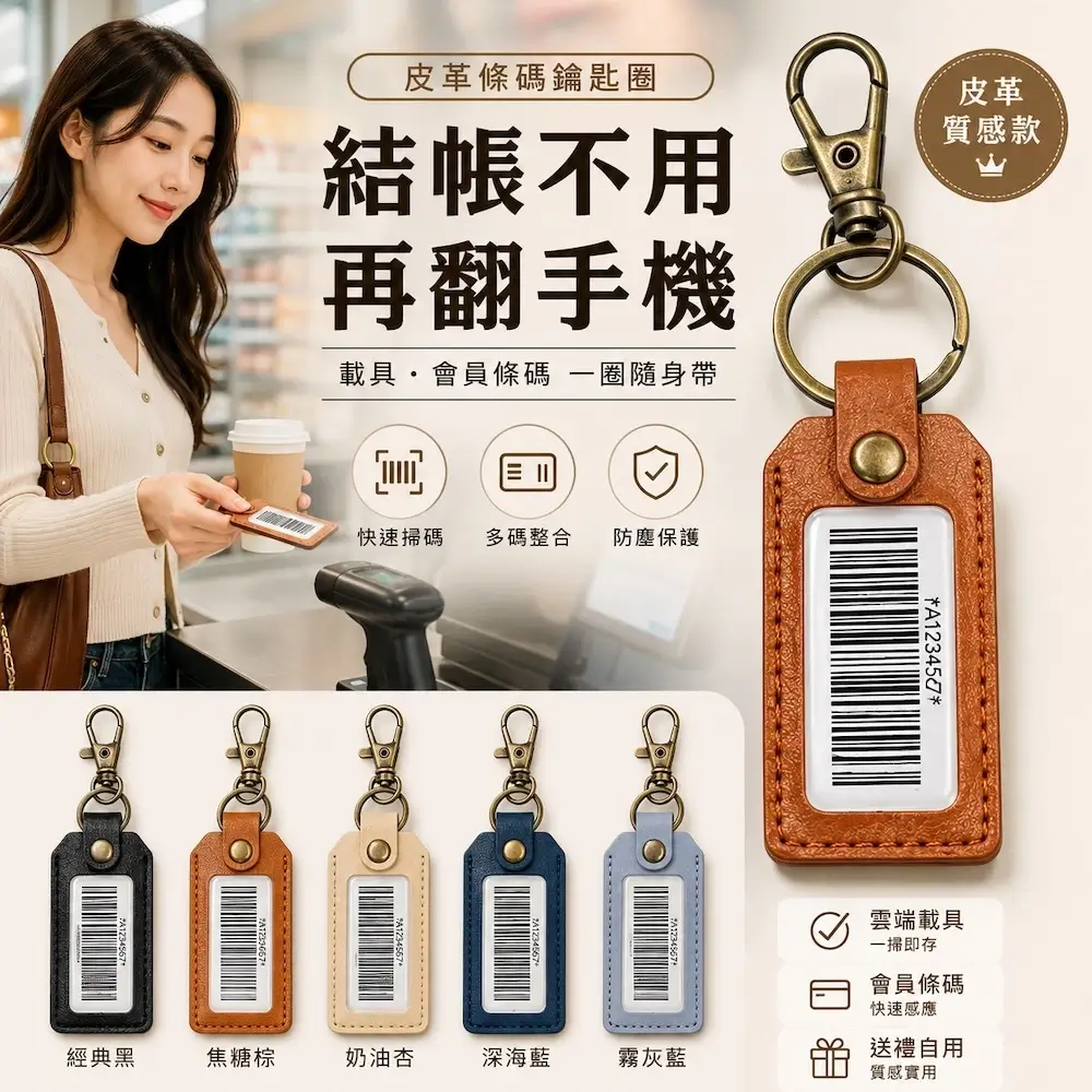 皮革載具鑰匙圈五種顏色排開,牌面透明視窗裡放著條碼