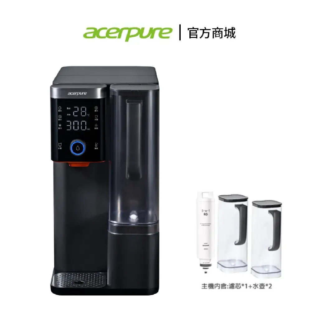 Acerpure Aqua黑曜石冰溫瞬熱RO濾淨飲水機WP744-40B,黑色機身左側顯示面板、右側透明水箱