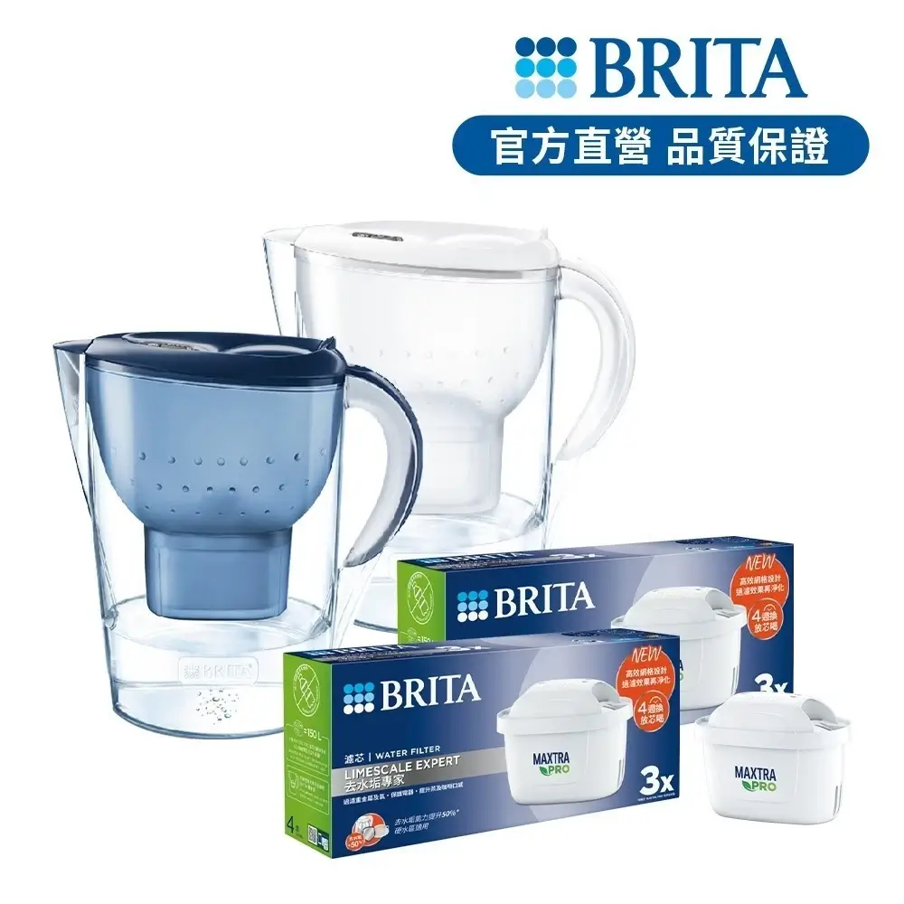 BRITA Marella馬利拉濾水壺與MXPRO去水垢專家濾芯六入盒裝,藍色與白色壺身各一