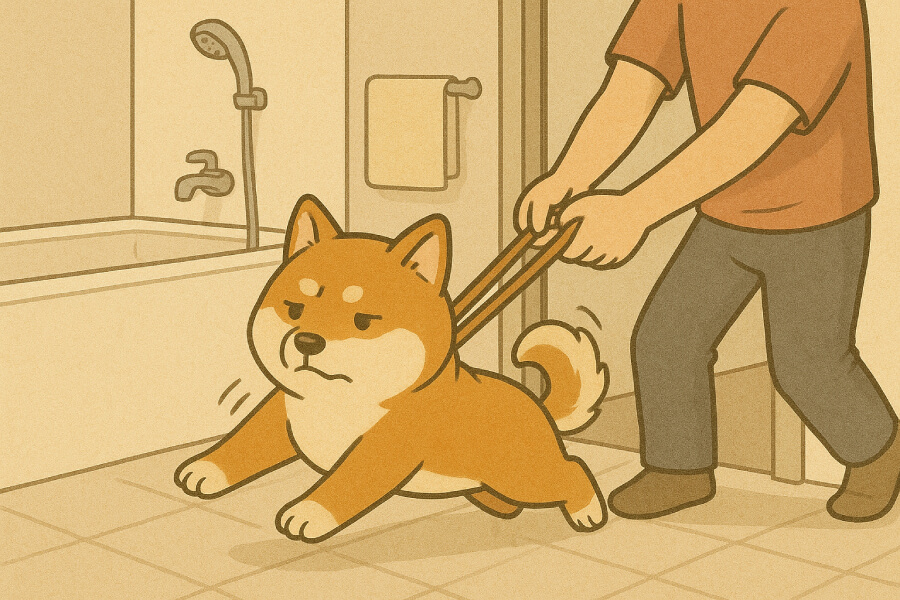 柴犬不喜歡洗澡，別一開始就硬拖牠進浴室，先讓牠覺得浴室是個好地方。