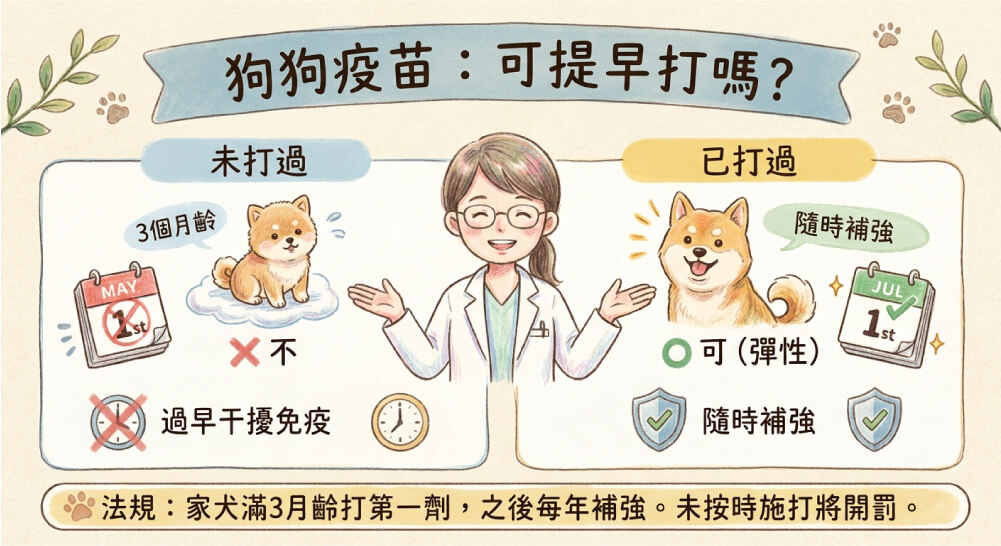 狗狗狂犬病疫苗可以提早打嗎?家犬滿3月齡打第一劑,之後每年補強一次