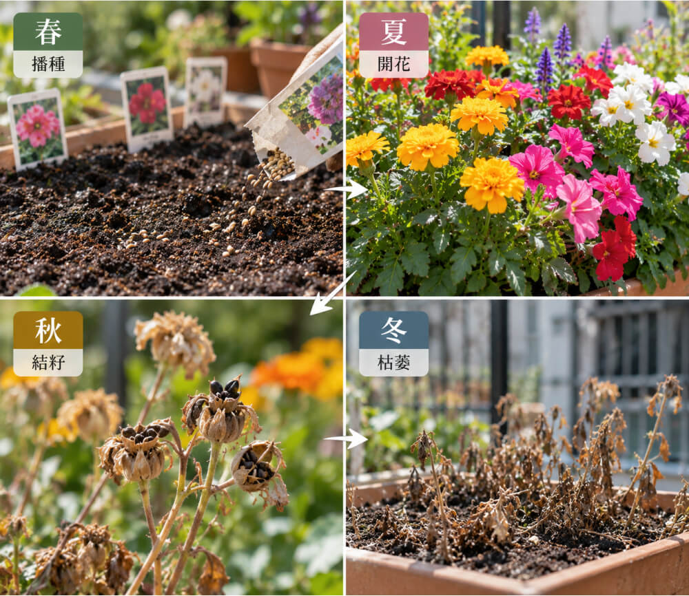 一年生花草從春天播種、夏天開花到秋天結籽、冬天枯萎的四季變化