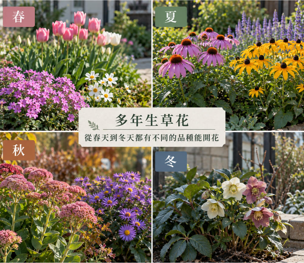 多年生草花四季開花的花園景色