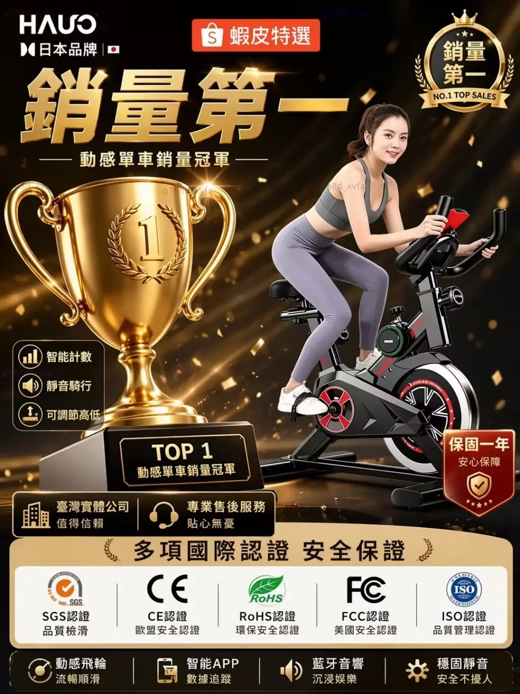 HAUO磁控飛輪健身車,搭配七槽靜音皮帶與多段阻力調節