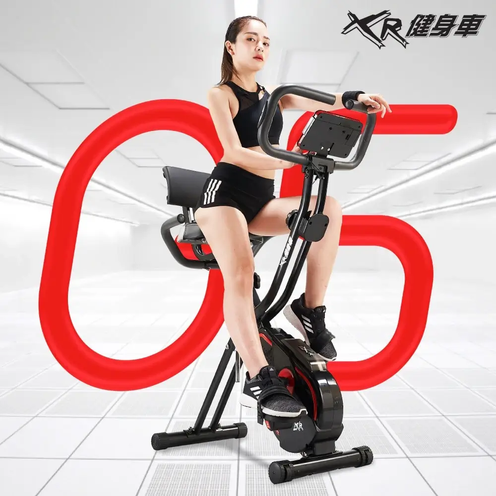 XR-G5黑紅色二合一磁控飛輪健身車,可切換立式與臥式騎乘