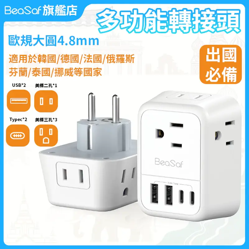 BeaSaf白色歐規大圓4.8mm萬國轉接頭,搭配USB-A與Type-C充電孔