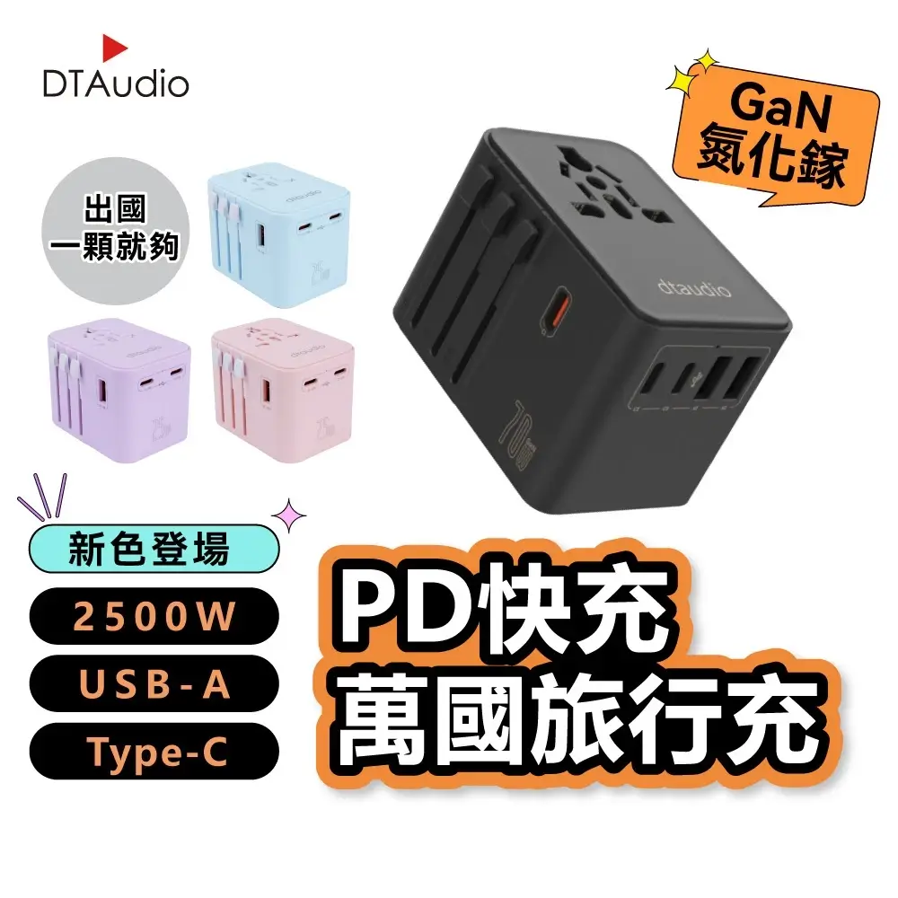 黑色萬國轉接頭搭配多國插座與 USB-A、Type-C 充電孔