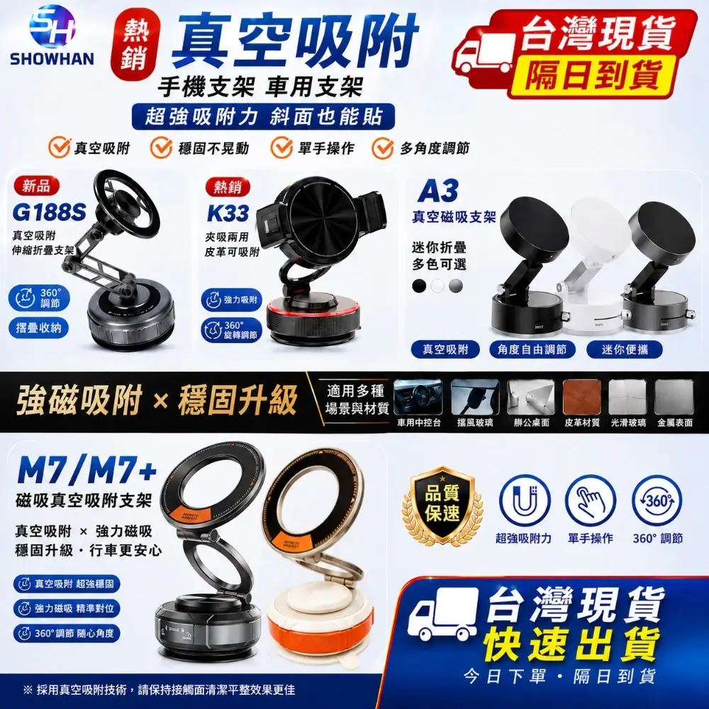 SHOWHAN真空磁吸車用手機架，真空吸盤搭配可調角度支架