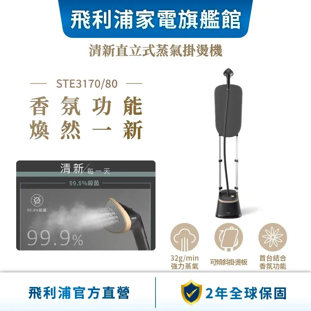 飛利浦STE3170直立式蒸氣掛燙機，附可傾斜掛燙板與手持蒸氣噴頭