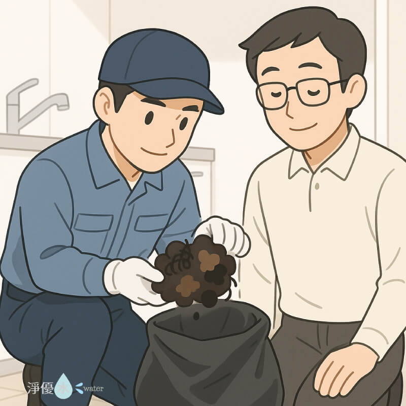 師傅會把髒東西清乾淨，通完水管後，師傅會把挖出來的東西處理掉。